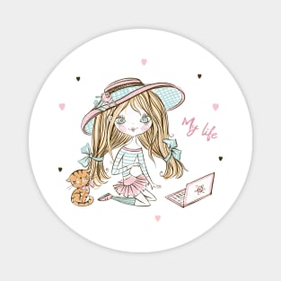 cute life style girl cat and laptop Magnet